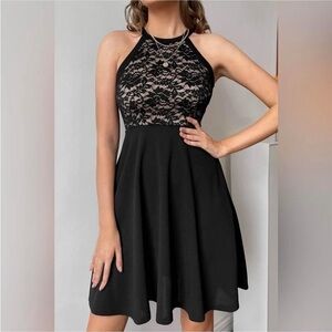 Chic Black Lace Halter Mini Dress